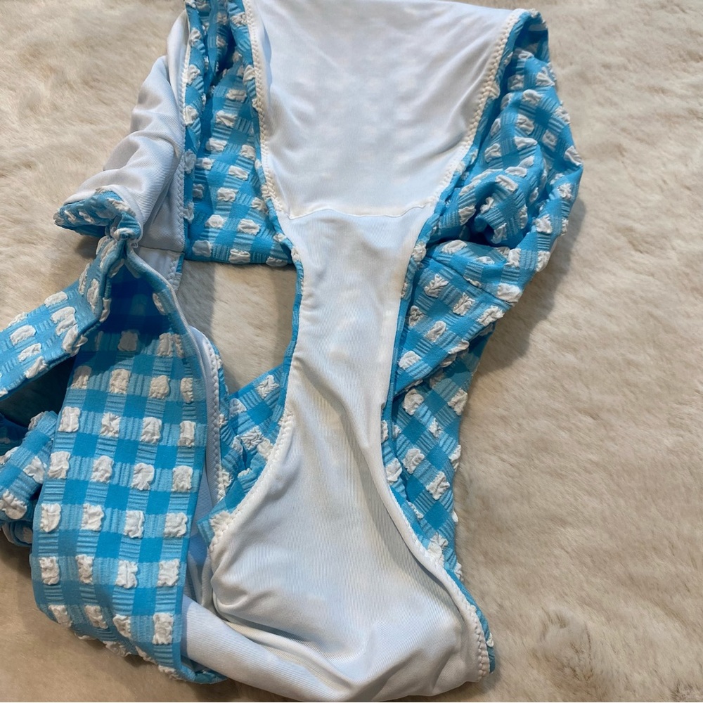 (L) aerie High Cut Cheeky Bikini Bottoms Large Blue White Gingham Tie Waist - Picture 6 of 9